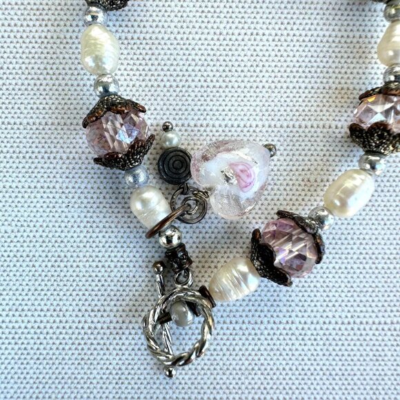 Handmade Floral Bead Bracelet With Pink Crystals & Pearl Accents - Picture 5 of 7